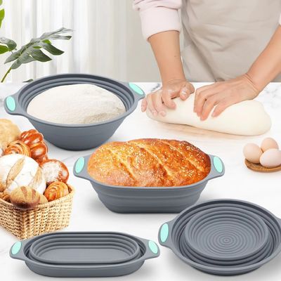 Harga yang bagus Set Keranjang Bukti & Pemanggangan Roti Sourdough Silikon Premium - Termasuk Mangkuk Lipat Oval & Bulat (9,5 Inci) - Aman untuk Oven & Mesin Cuci Piring, Hadiah untuk Pembuat Roti Artisan on line