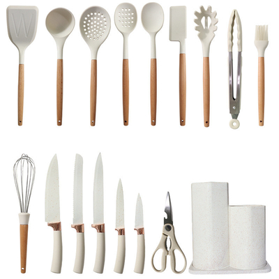 Harga yang bagus 17pcs Silikon Perkakas Masak Perkakas Dapur Set Turner Tongs, Spatula, Sapi, Sikat, Whisk, Gadget Genggam Kayu on line