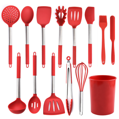 Harga yang bagus 14 Piece Kitchen Cooking Silicone Utensils Set with Stainless Steel Handle Kitchen Tools Set for Nonstick Cookware Alat dapur yang tidak menempel on line