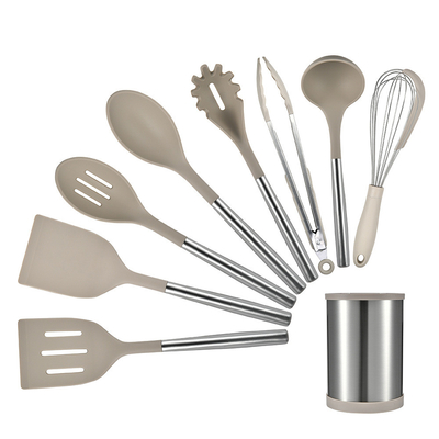 9pcs Silikon Perkakas Masakan Set Nonstick Pakaian Masakan Dengan Handle Stainless Steel Turner Tong, Spatula, Spoon Brush