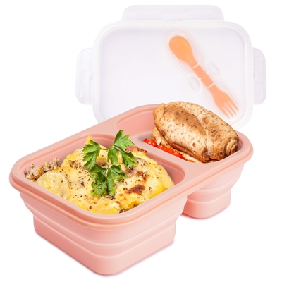 Harga yang bagus 2 kompartemen wadah makan siang lipat dengan tutup kotak makan siang dengan peralatan lipat silikon Bento untuk orang dewasa bebas BPA on line