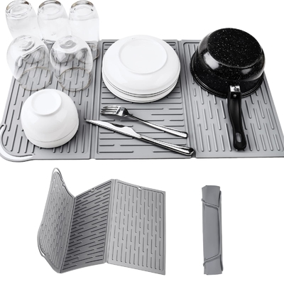 Harga yang bagus Silikon Lipat Tiga Lapisan Dish Drying Mat Untuk Dapur Counter Ekstra Besar Dish Drainer Mat Kompak & Desain Lipat on line