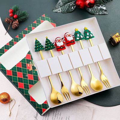 Custom Long-Handle Silicone Christmas Spoon & Fork Set ️ Silicone Food-Grade + 304 stainless steel. ∙ Pakaian Kartun Liburan untuk Anak-anak & Dewasa
